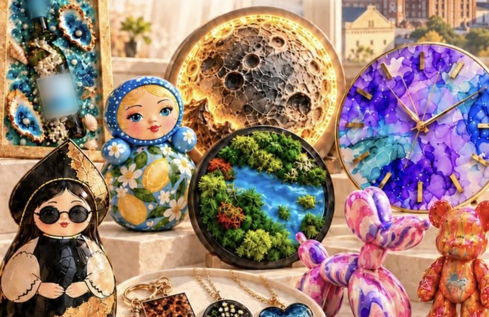 Работы мастерской: часы, луна с подсветкой, панно из мха, матрёшки, фигурки во флюид-арте, кулоны